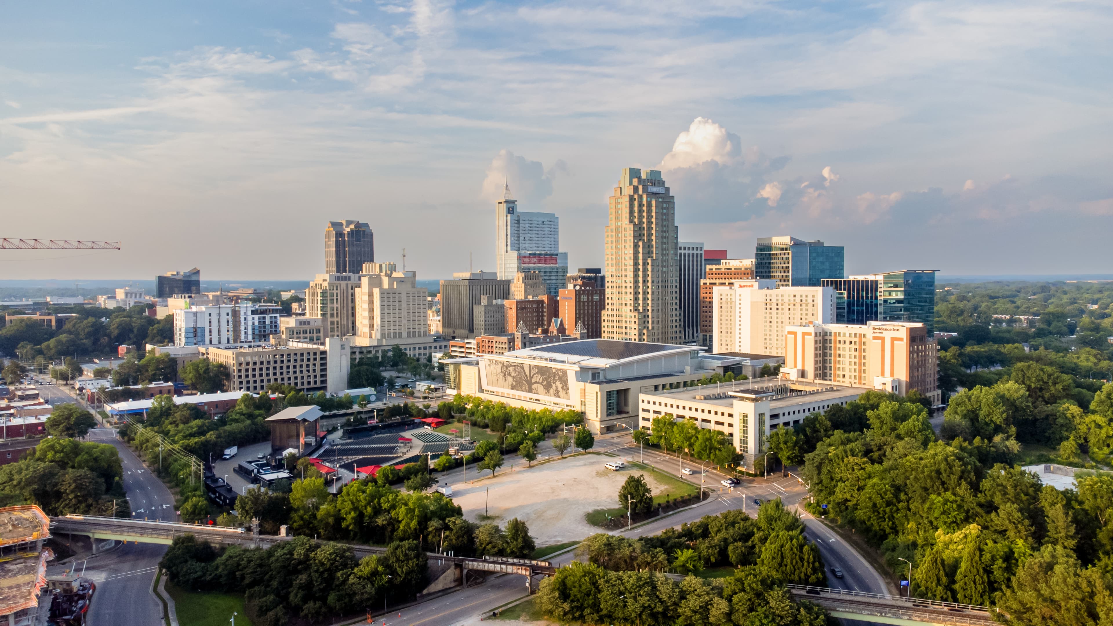 The Raleigh skyline beyond the trees at Dorothea Dix Park