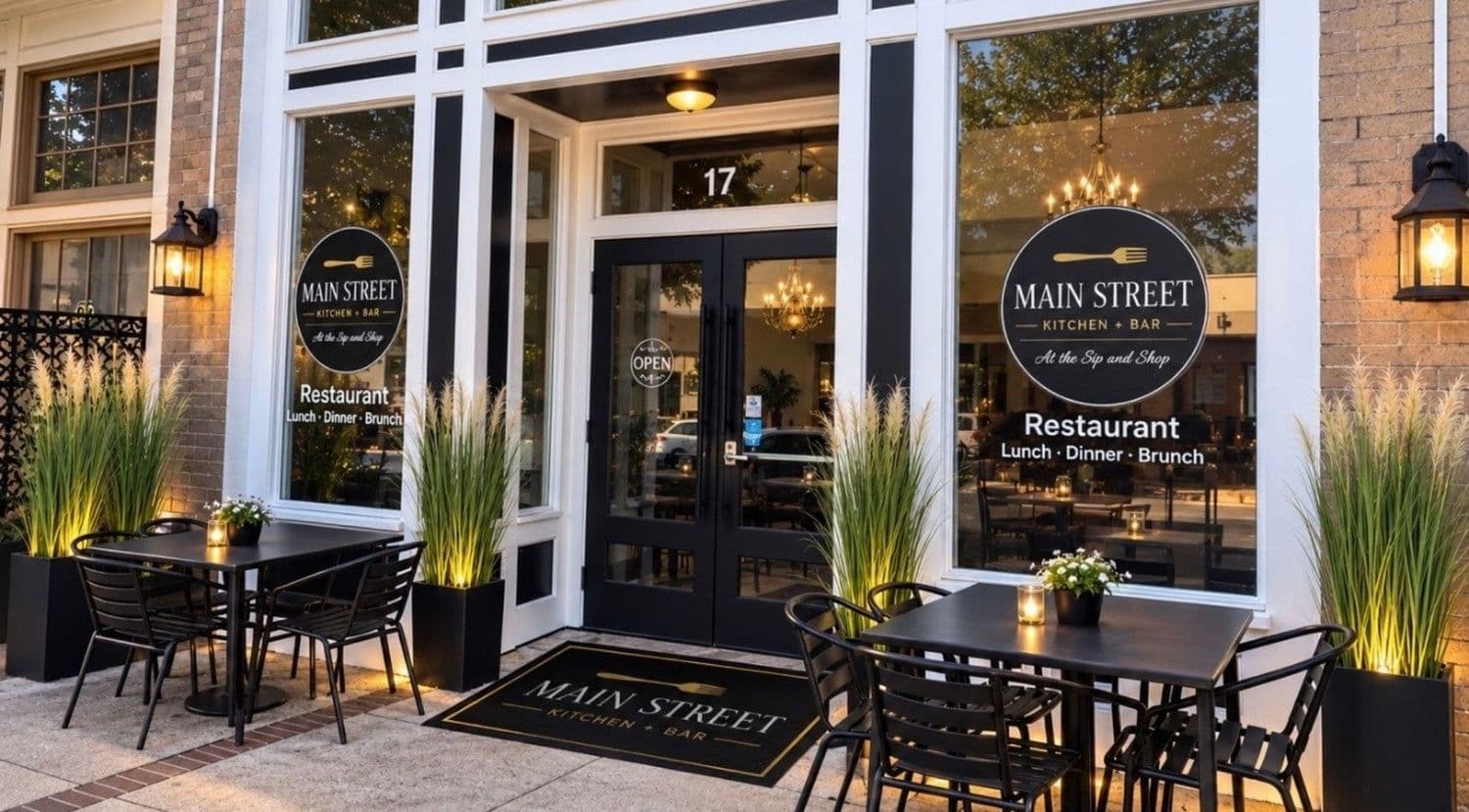 Sip and Shop’s Main Street Kitchen entrance and sidewalk seating at 17 N Main Street