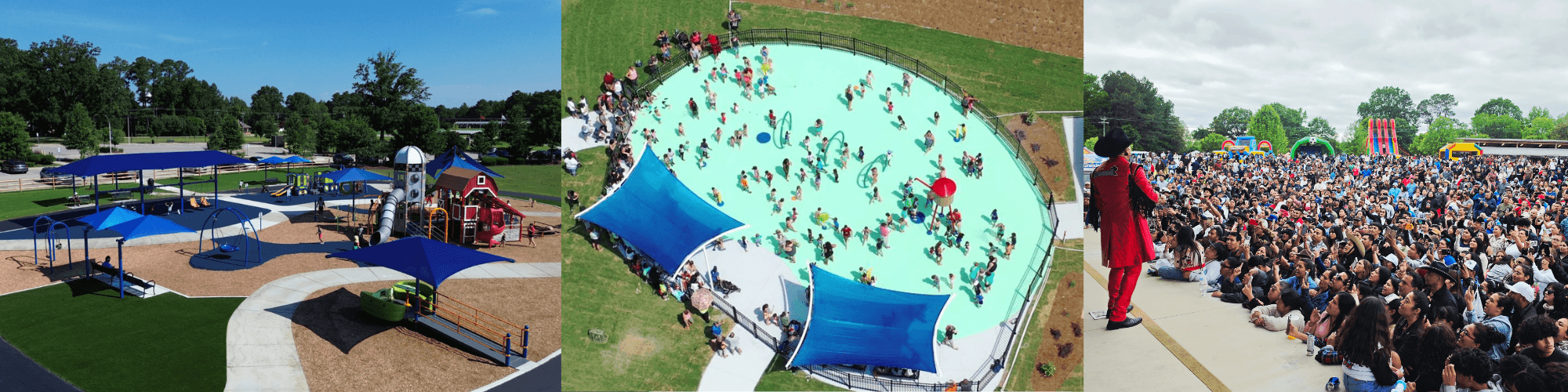 Three photographs showing Knightdale Station Park’s playground, splash pad and an earlier performance